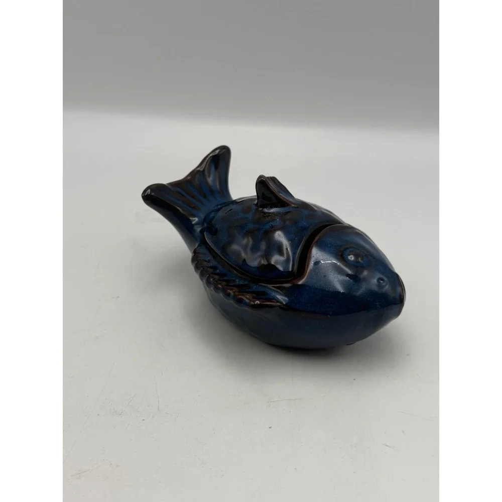 Miya Japan Ceramic Fish Trinket Dish Lidded Bowl Cobalt Blue Glaze Vintage Style